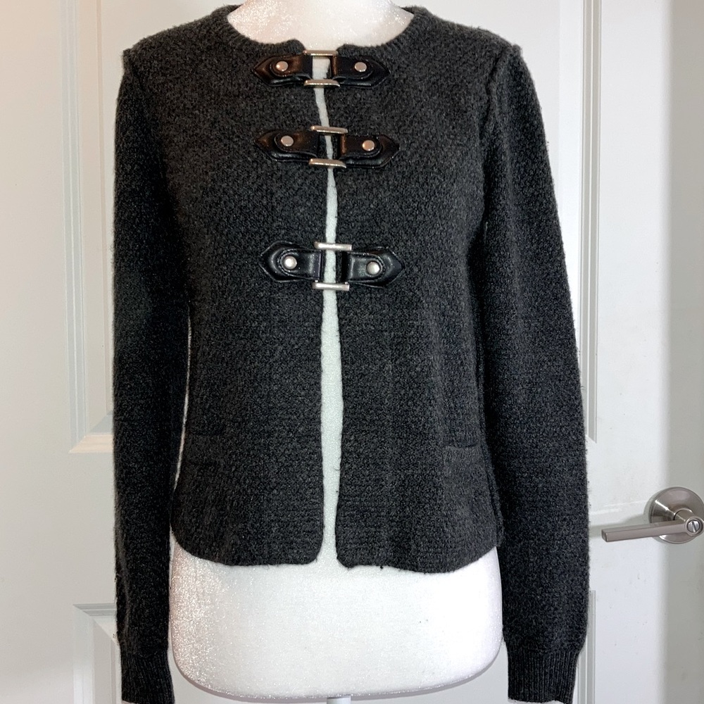 Cynthia Rowley | small | dark grey | acrylic cardigan sweater with buckles